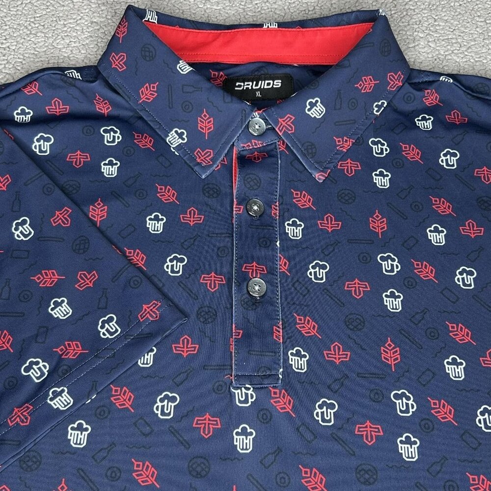 Druids Polo Shirt Mens XL Blue Beer Mug Print Golf Performance Stretch All Over